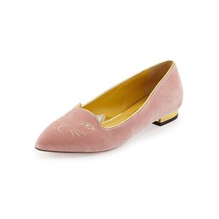 Charlotte Olympia + Mid-Century Velvet Kitty Flat in Pale Pink