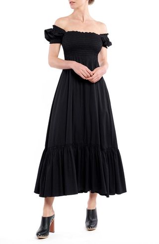 La Ligne + Ariel Pinstripe Puff Sleeve Midi Dress