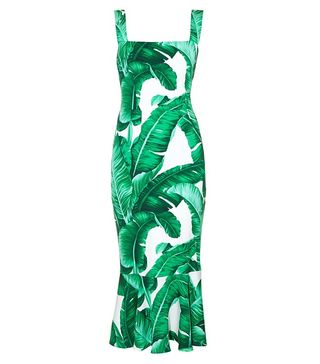 Dolce & Gabbana + Banana Leaf Print Fluted Hem Dress