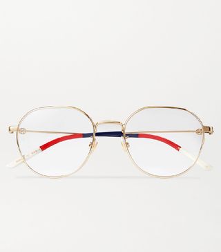 Gucci + Round-Frame Gold-Tone and Striped Acetate Optical Glasses