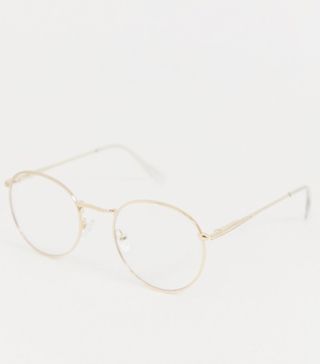 ASOS + Round Fashion Glasses in Gold Metal With Clear Lenses