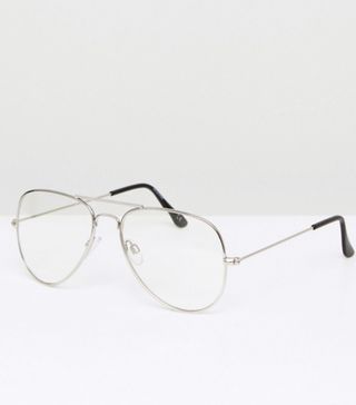 ASOS + Aviator Fashion Glasses in Silver Metal With Clear Lenses