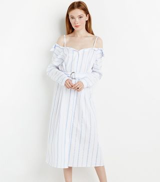 Pixie Market + White Striped Midi Belted Shirt Dress