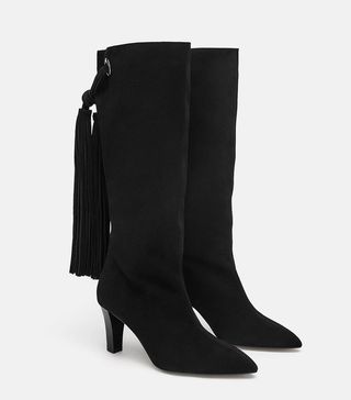 Zara + Leather High Heel Boots With Fringing