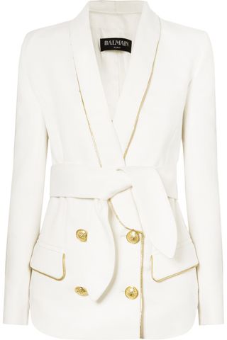 Balmain + Belted Double-Breasted Woven Blazer