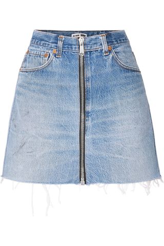 Re/Done + Levis + Zip-Embellished Frayed Denim Mini Skirt