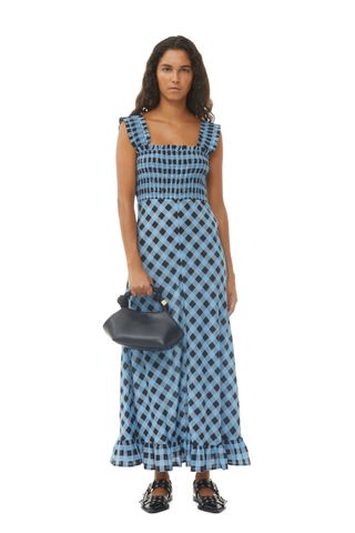 Ganni + Checkered Cotton Silk Long Strap Dress