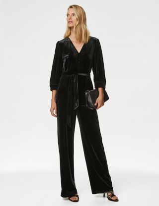 M&S Collection + Velvet V-Neck Belted 3/4 Sleeve Jumpsuit