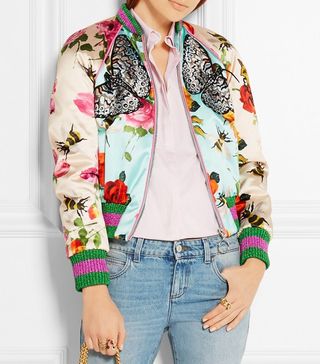 Gucci + Appliquéd Printed Silk-Satin Bomber Jacket