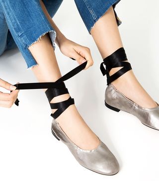 Zara + Lace-Up Leather Ballet Flats