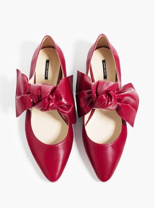 Zara + Flat Leather Shoes With A Bow