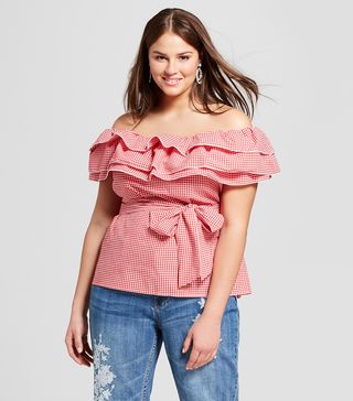 Who What Wear + Gingham Seersucker Ruffle Bardot Top