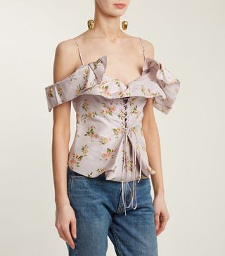 Brock Collection + Floral-Print Lace-Up Silk Top