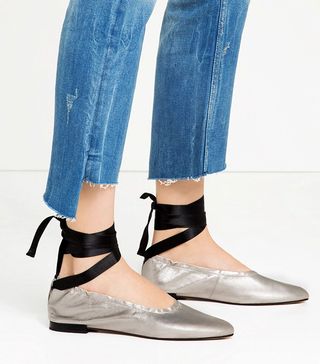 Zara + Lace-Up Leather Ballet Flats