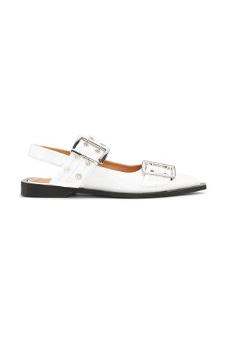 Ganni + White Wide Welt Buckle Ballerinas