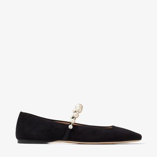 Jimmy Choo + Black Suede Flats with Pearl Embellishment