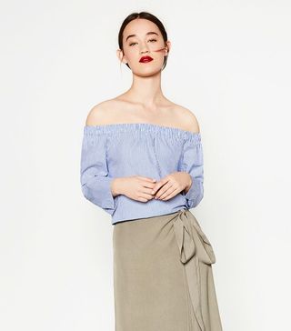 Zara + Striped Off-the-Shoulder Poplin Top