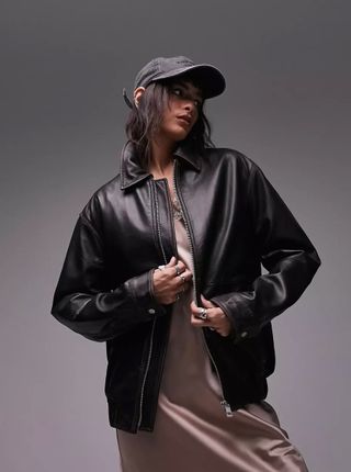 Topshop + Leather Washed Bomber Jacket in Brown