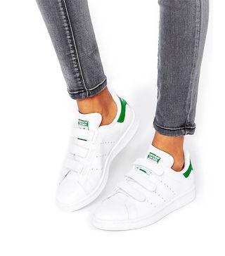 Adidas + Originals White and Green Velcro Stan Smith Sneakers