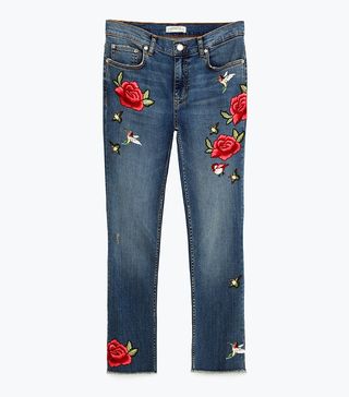 Zara + Cropped Embroidered Jeans