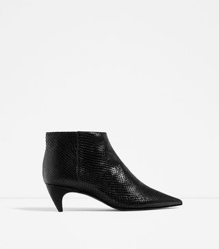 Zara + Embossed Leather Low Heel Ankle Boots