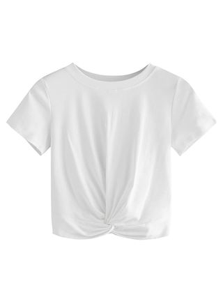 Makemechic + Summer Crop Top Solid Short Sleeve Twist Front Tee T-Shirt