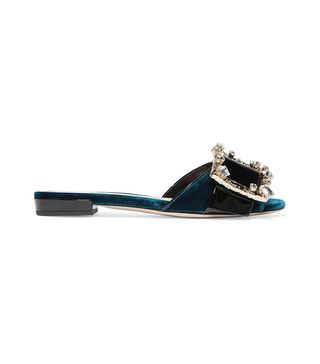 Miu Miu + Crystal-Embellished Patent-Leather and Velvet Mules
