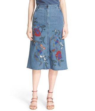 Tibi + Marisol Embroidered Appliqué Denim A-Line Skirt