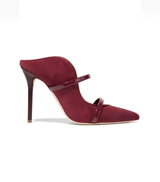 Malone Souliers + Maureen Patent Leather-Trimmed Suede Mules