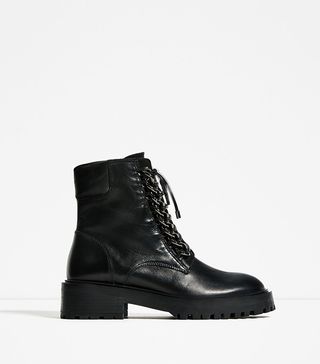 Zara + Chain Detail Leather Ankle Boots