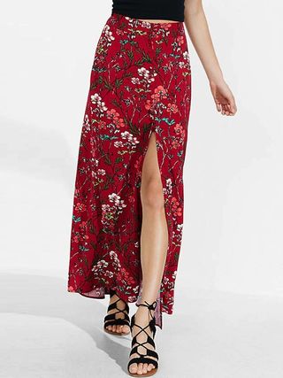 Express + Red Floral Button Front Maxi Skirt