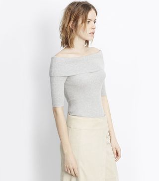 Vince + Skinny Rib Off-the-Shoulder Elbow Sleeve Pullover
