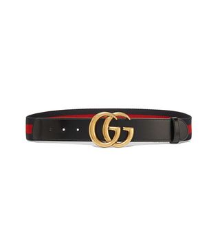 Gucci + Leather-Trimmed Striped Canvas Belt