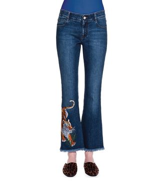 Stella McCartney + Tiger-Embroidered Flare-Leg Cropped Jeans