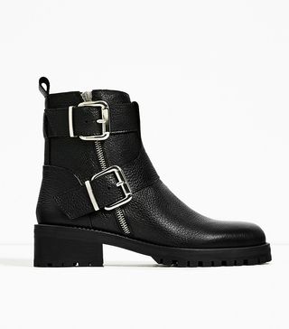 Zara + Leather Ankle Boots With Buckles