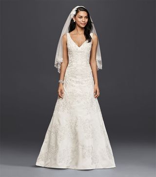 Oleg Cassini + V-Neck Lace A-Line Wedding Dress