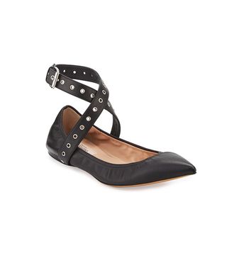 Valentino + Love Latch Grommeted Leather Ankle-Wrap Ballet Flats
