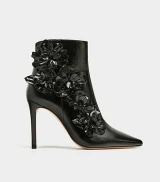 Zara + High-Heel Ankle Boots With Floral Trim
