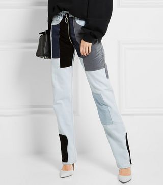Off-White + Patchwork Velvet-Paneled Mid-Rise Straight-Leg Jeans