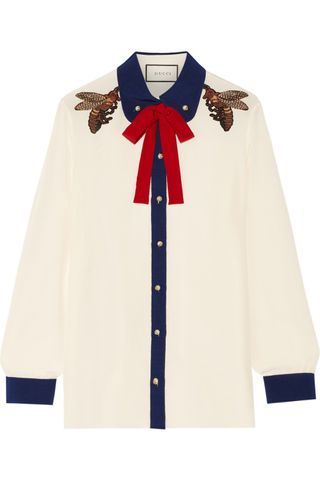 Gucci + Pussy Bow Embellished Silk Crepe De Chine Blouse