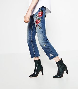 Zara + Cropped Embroidered Jeans