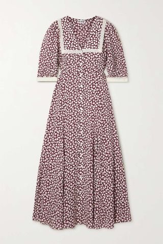 Rixo + Ellen Crocheted Lace-Trimmed Floral-Print Crepe Midi Dress