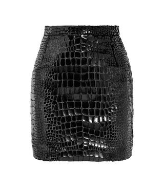 Saint Laurent + Croc-Effect Faux Leather and Velvet Mini Skirt