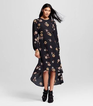 Who What Wear + Long Sleeve Crepe Dress in Black Floral