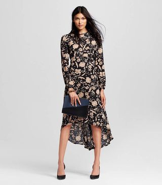 Who What Wear + Long Sleeve Crepe Dress in Tan Floral