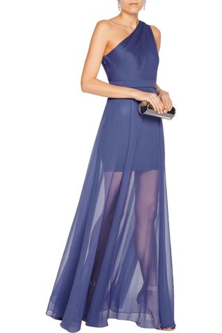 Halston Heritage + One-shoulder pleated chiffon gown