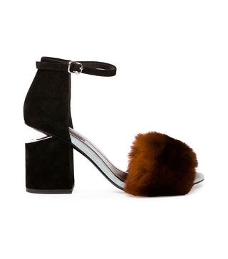 Alexander Wang + Abby Rabbit-Fur Tilt-Heel City Sandal in Ochre