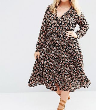 ASOS Curve + Ditsy Button Through Midi Dress With Long Sleeve