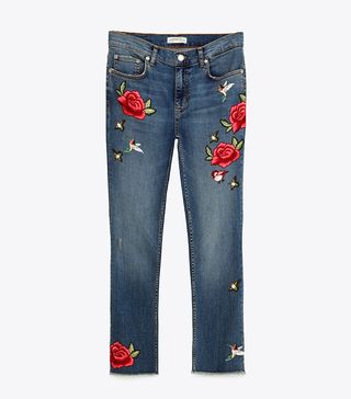 Zara + Cropped Embroidered Jeans