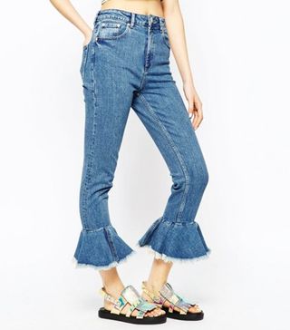 ASOS + Farleigh High Waist Slim Mom Jeans With Flare Frill Hem